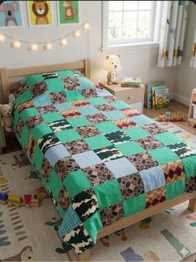 Turquoise Patchwork Quilted Bedspread with Multicolor Blocks